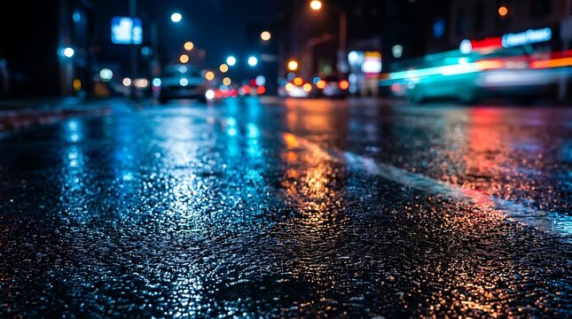 Cinematic night city street with vibrant neon reflections on wet asphalt during rain, featuring a blurry night city street background and glowing bokeh lights on this night city street surface.
