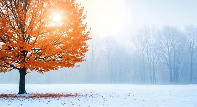 A vibrant orange tree standing in a snowy field during the first day of winter with bright sunlight