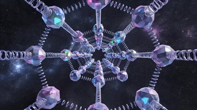 Abstract Glowing Crystal Network in Space - A mesmerizing 3D render depicts an intricate network of glowing crystal-like nodes connected by metallic springs.