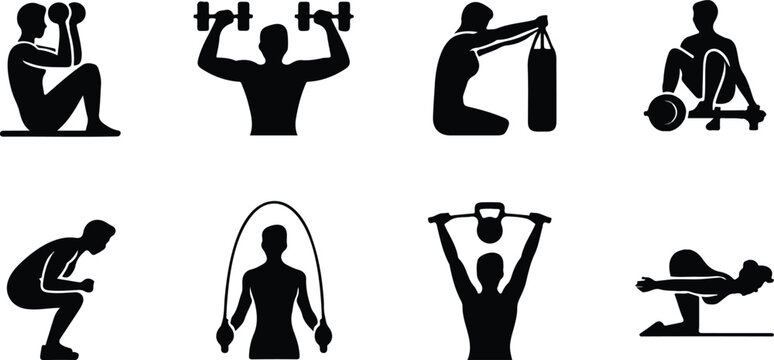 Set of eight black and white exercise and workout icons in a simple vector style Vector
