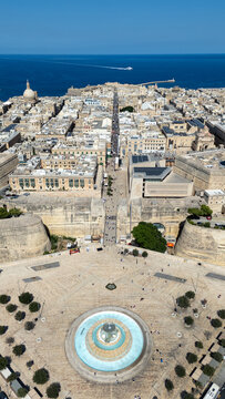 Drone Aerial View of Tritons Fountain in Valletta, Malta
