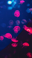 Vertical shot of vibrant glowing pink moon jellyfish swimming in deep blue water with glowing bokeh and dark reflection, ideal for futuristic background. © Вита Курило