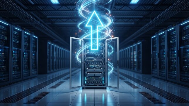 High speed cloud computing concept featuring a modern server room with neon light trails.