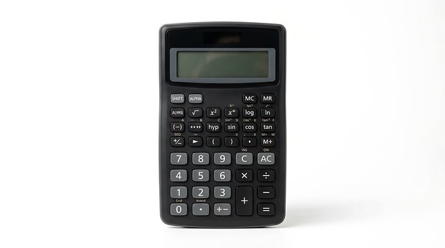 Black scientific calculator with advanced function keys and blank LCD screen isolated on white for mathematics, science, and education.