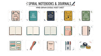 Fototapeta premium Handdrawn doodle set of spiral notebooks, journals, stationery, and office supplies