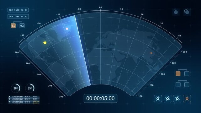 Futuristic digital world map interface with radar scanning and data visualization elements on a dark blue background