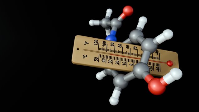 A 3D rendering of paracetamol or acetaminophen molecules and a wooden analog thermometer. The role of analgesic and antipyretic medications.
