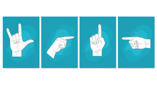 Outlined hand gestures, pointing, showing one finger, and the sign of the horns, concept for communication, web design, and digital marketing.