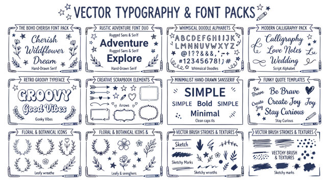 Collection of handdrawn vector typography, font packs, and decorative design elements