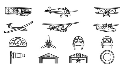 Vintage Aviation and Retro Airplane Vector Icon Set Featuring Biplanes Glider Propellers Pilot Helmets and Hangar Line Art Drawings for Coloring Books © Kulsum
