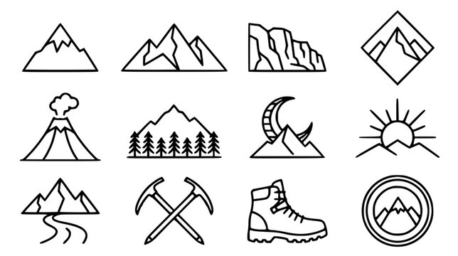 Minimalist Mountain Landscape and Hiking Outline Icon Set Featuring Peaks Volcanoes Pine Trees Ice Axes Climbing Boots and Badges for Outdoor Logo Designs