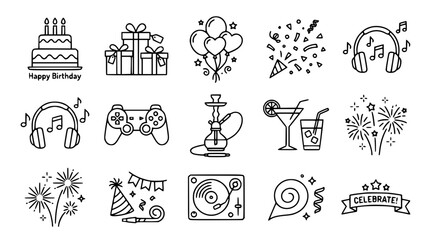 Birthday Party and Nightlife Entertainment Icon Set Featuring Outline Vectors for Birthday Cake Gift Boxes Balloons Headphones Gamepad Cocktails and Festival Fireworks Symbols © Kulsum