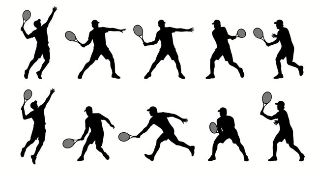 Silhouettes Of People Playing Tennis In Action Sequence.
