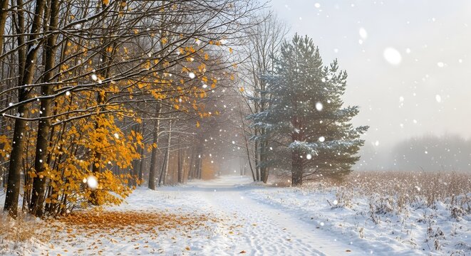 A serene forest path covered in fresh white snow during the beautiful and peaceful first day of winter