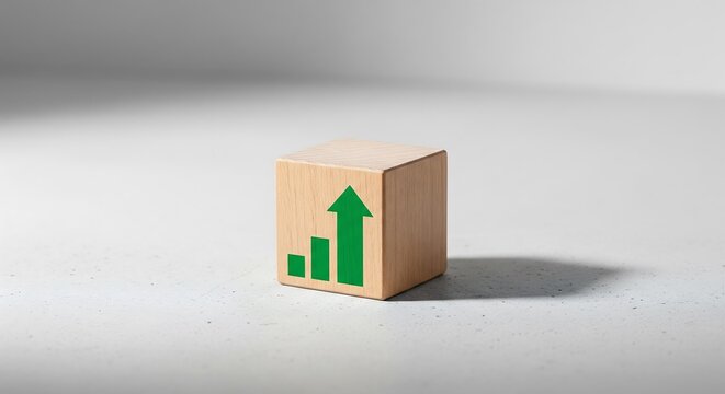Wooden cube with green growth arrow chart
