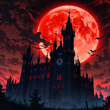 Gothic Vampire Castle Silhouette Under a Massive Glowing Red Blood Moon with Bats. AI generated .