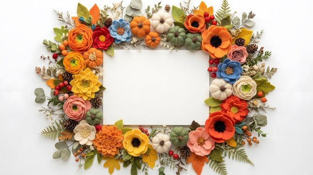 Autumnal floral frame with felt flowers and pumpkins isolated on white background