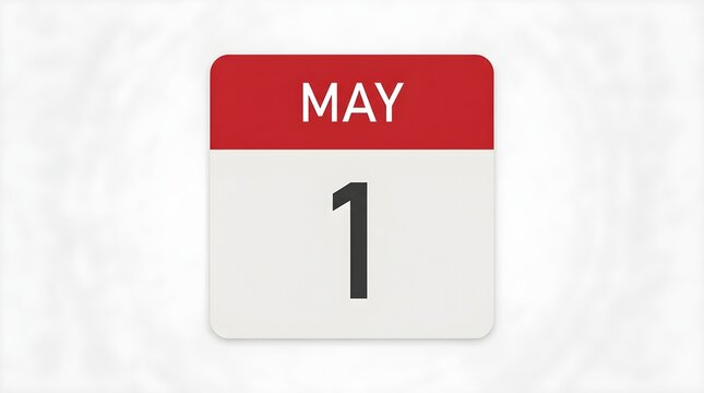 May 1 calendar icon showing first day of the month, red and white daily date reminder for May 1st, simple flat design schedule element for spring
