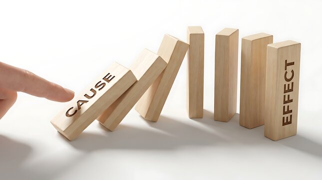 Conceptual image of cause domino block being pushed by hand to trigger chain reaction leading to final effect piece symbolizing strategic planning and business outcomes.
