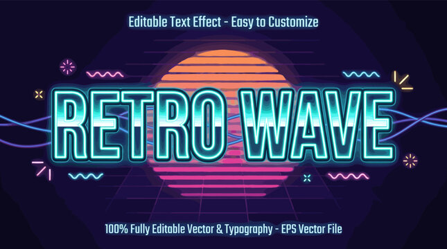 Editable retro wave text effect featuring neon lights and a vibrant sunset, perfect for 80s themed designs and projects