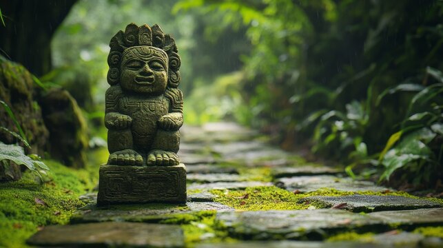 Ancient carved stone statue in tropical jungle temple ruins with moss covered path sunlight and spiritual archaeology atmosphere showing lost civilization heritage mystery travel and sacred forest