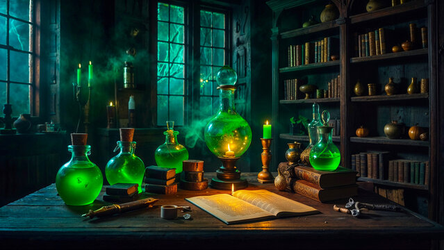 Mystical Wizard Alchemy Laboratory with Glowing Green Potions Spell Books and Ancient Library