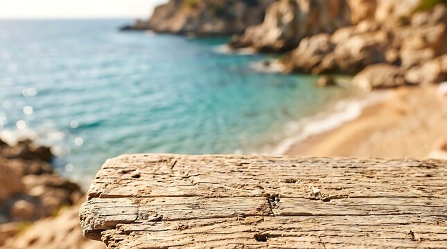 Empty rustic wooden table top with blurred beach background, wood plank for product display with tropical beach background and sunny turquoise beach background with sea and rocky coast.