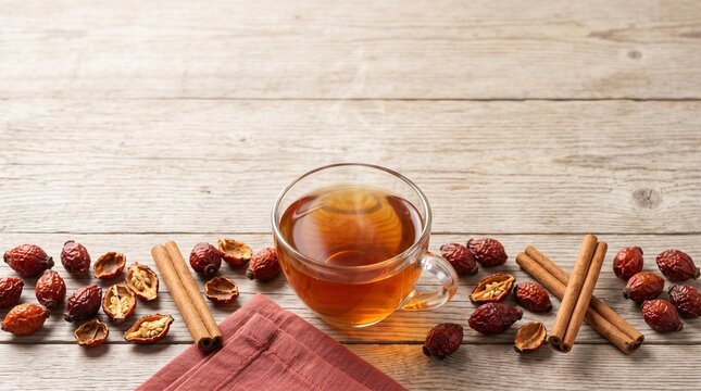 Rosehip herbal tea flat lay, dried fruit and cinnamon on rustic wood, panoramic autumn banner with upper copy space