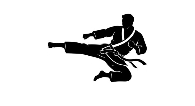 Martial Arts Fighter Performing Mid Air Flying Side Kick Black Silhouette Emblem for Karate Dojos Taekwondo Schools and Combat Sport Vector Graphic Designs