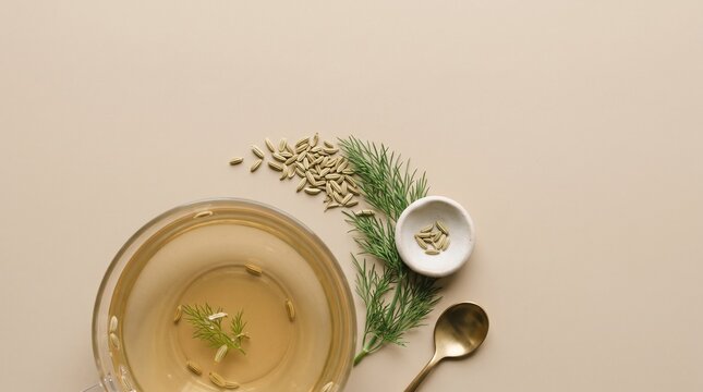 Fennel seed herbal tea flat lay, delicate fronds on minimal beige background, refined detail shot with upper copy space
