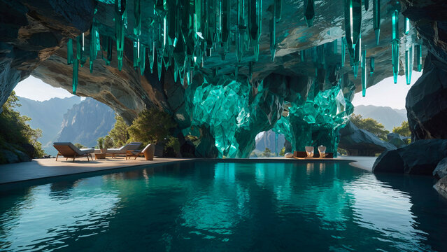 Crystal Cave Oasis: An extraordinary cave retreat with a tranquil swimming pool and lounge chairs, adorned with shimmering teal crystals and overlooking a breathtaking mountain landscape.