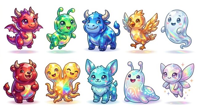 Colorful fantasy creatures illustration set