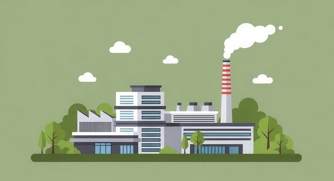 Pixel art industrial factory building with smoking chimney in nature illustration