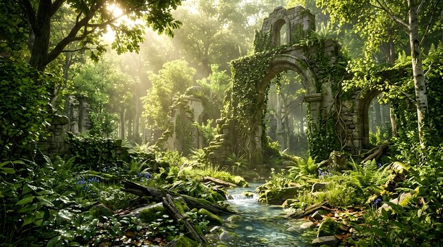 Enchanting ancient ruins overgrown by lush green forest vegetation, sunlight filtering through the trees onto a gentle stream flowing past moss-covered stones