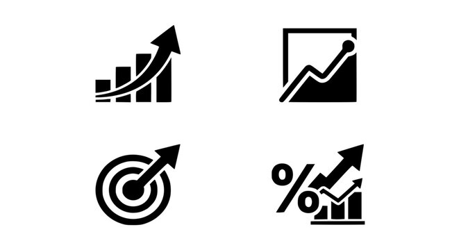 Financial Growth and Business Success Solid Silhouette Icon Set Featuring Upward Arrow Charts and Target Elements for Marketing Analytics Report Vector Graphic Designs