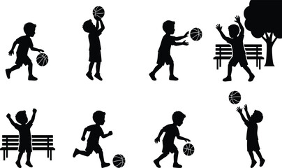 Kids Basketball Silhouette Set Collection Boy Dribbling Shooting Passing Catching Cheering Outdoor Sports Vector © Sonjit