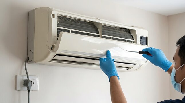Professional air conditioner repair service, technician in blue gloves fixing wall mounted AC unit, HVAC maintenance and cleaning at home