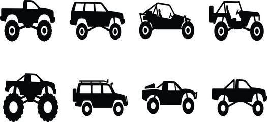 Offroad Vehicle Silhouette Set Collection Monster Truck Dune Buggy Safari SUV 4x4 Truck Pickup Vector © Sonjit