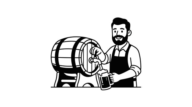 A black and white line art illustration of a bearded bartender pouring beer from a wooden barrel into a glass mug.