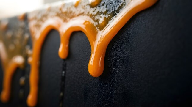 Thick golden caramel sauce dripping on dark surface