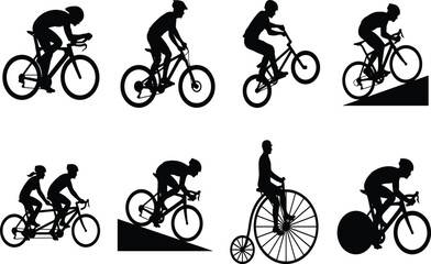 Obraz premium Silhouette vector set of cyclists riding road bikes mountain bikes bmx tandem and vintage high wheeler bicycles
