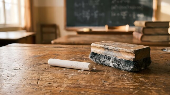 A piece of white chalk and a dusty felt eraser resting on an old wooden classroom desk surface