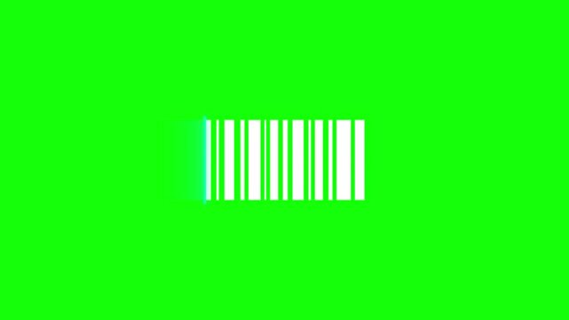 White digital barcode icon isolated on green screen background for chroma key compositing, representing retail sales, inventory tracking, and commercial data scanning technology.