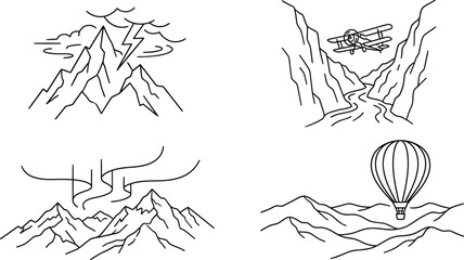 Minimalist line art vector set of mountain landscapes featuring weather aviation and exploration concepts ideal for travel and outdoor designs © Anam