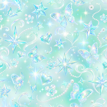 Mint holographic seamless pattern with crystal stars