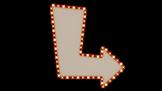 A 3d arrow marquee lightbox sign features an alternating ON-OFF light chase sequence along its red border, creating a continuous retro twinkling effect against a black background.