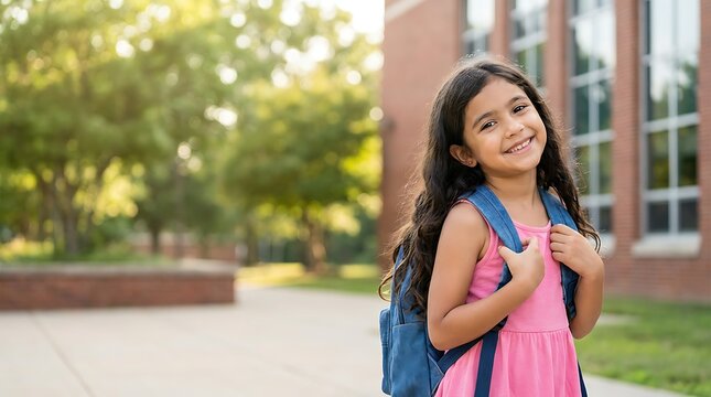 Little schoolgirl standing outdoors in front of modern campus building smiling brightly while wearing pink summer dress and carrying blue backpack ready for first day of primary school.