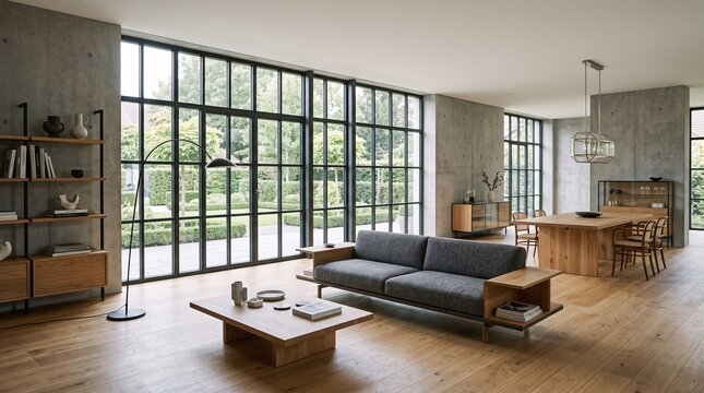 Modern Living Room with Concrete Walls and Floor-to-Ceiling Windows