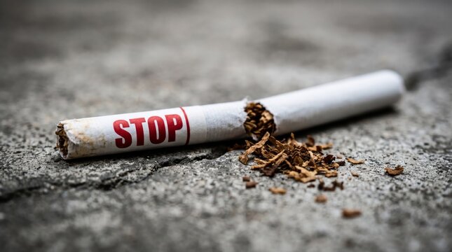 Close up of damaged cigarette with bold stop warning beside loose tobacco on rough background symbolizing quitting smoking harmful habit awareness addiction control healthier lifestyle decision change