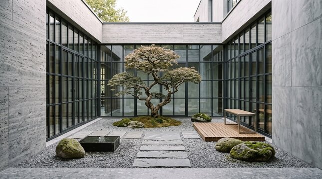 Modern Courtyard with Bonsai Tree and Concrete Architecture